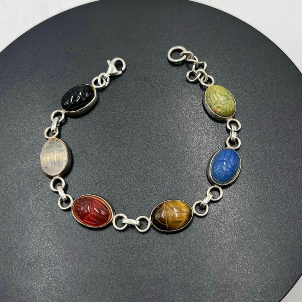 Sterling Silver Scarab Carnelian Lapis Tiger Eye Six Natural Stones Bracelet 8”‎